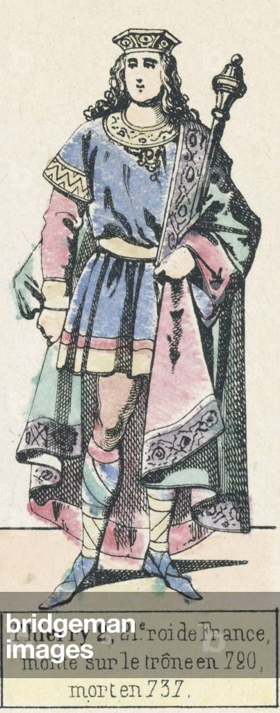 Thierry 2, 21e roi de France, monte sur le trone en 720, mort en 737 (coloured engraving)