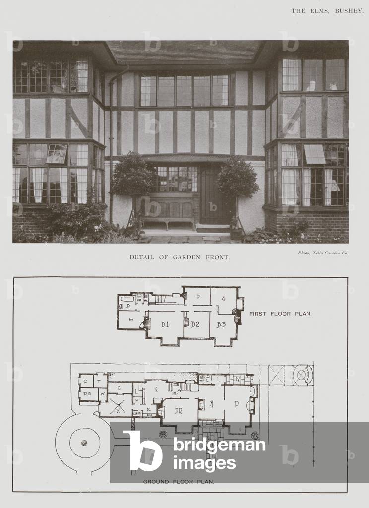 The Elms, Bushey, Detail of Garden Front, First Floor Plan, Ground Floor Plan (b/w photo)