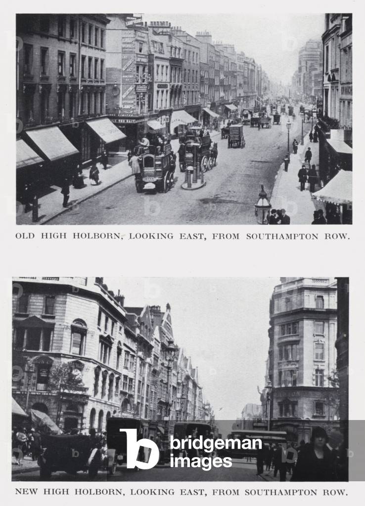 Old High Holborn, looking east, from Southampton Row; New High Holborn, looking east, from Southampton Row (b/w photo)