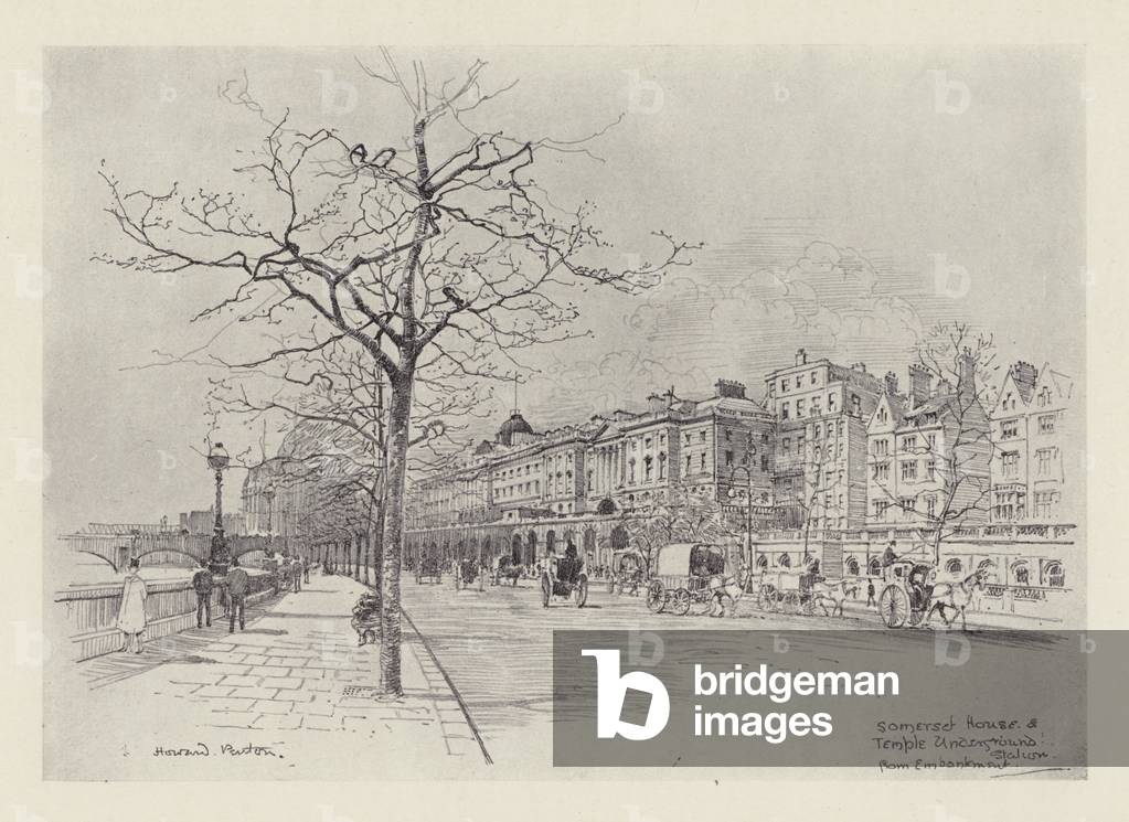 Somerset House and Temple Underground Station from Embankment (litho)