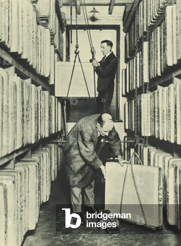 Lithographic stones stored at the Ordnance Survey, Southampton (b/w photo)