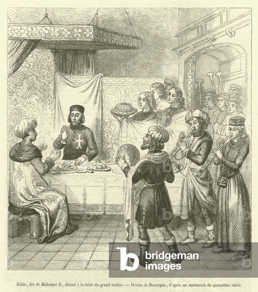 Zizim, fils de Mahomet II, dinant a la table du grand maitre (engraving)
