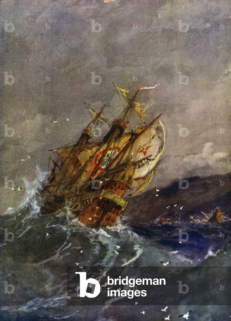 Ships of the Spanish Armada, 1588, destroyed by Storm (colour litho)