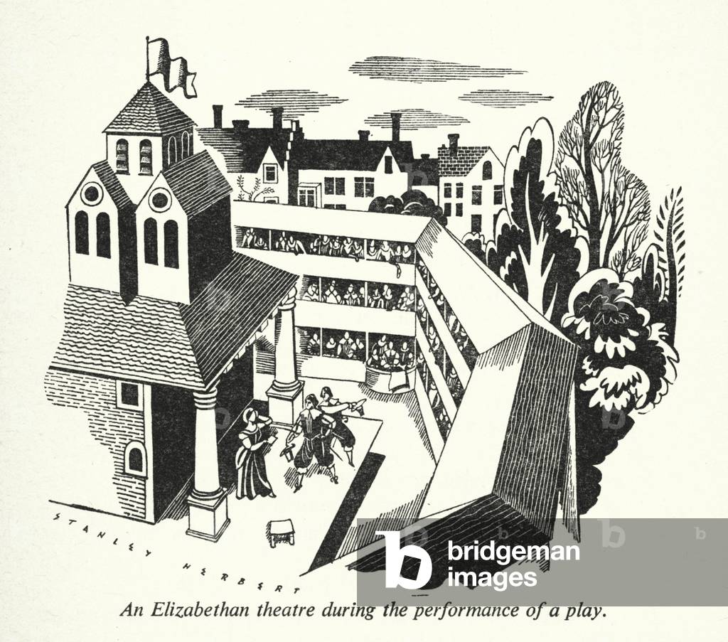 An Elizabethan theatre during the performance of a play (litho)