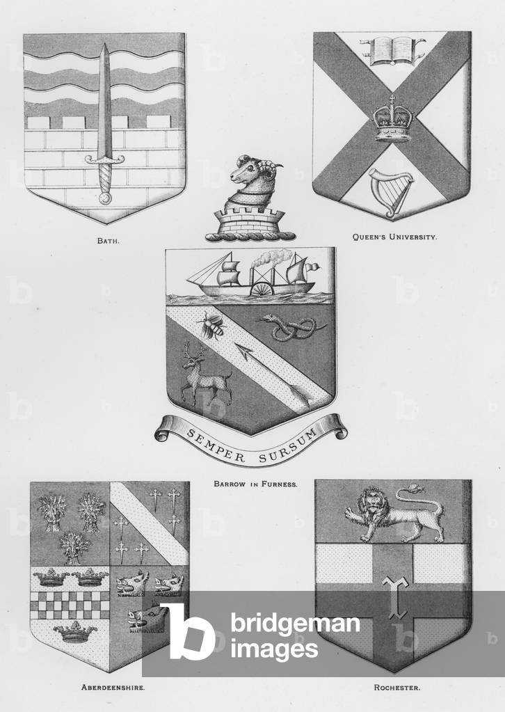 Public arms: Bath; Queen's University; Barrow in Furness; Aberdeenshire; Rochester (engraving)