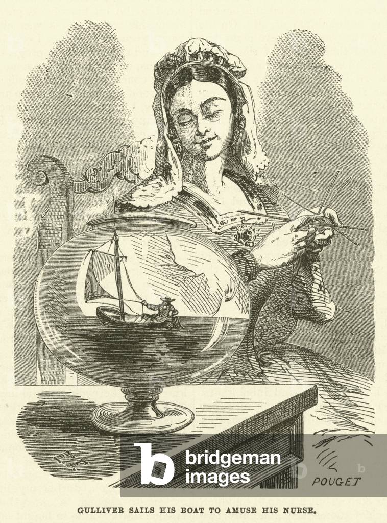 Gulliver sails his boat to amuse his nurse (engraving)