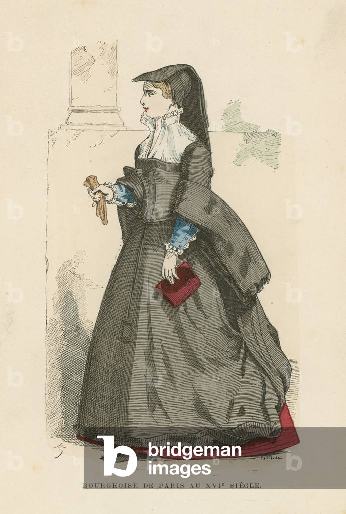 Bourgeois Parisian woman, 16th Century (coloured engraving)