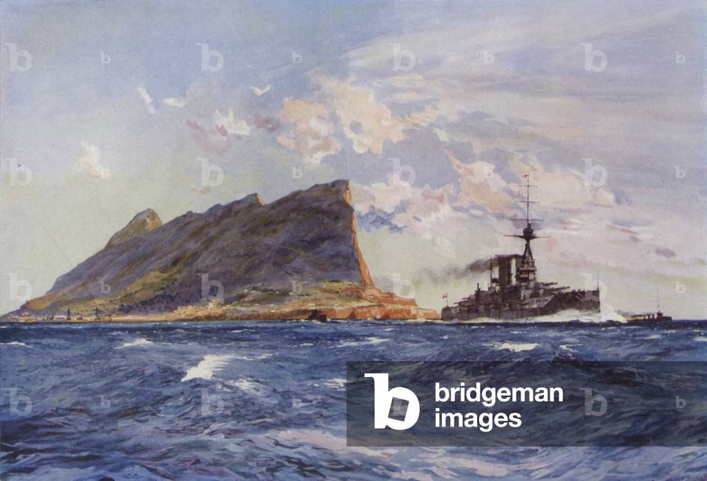 British battleship off Gibraltar (colour litho)