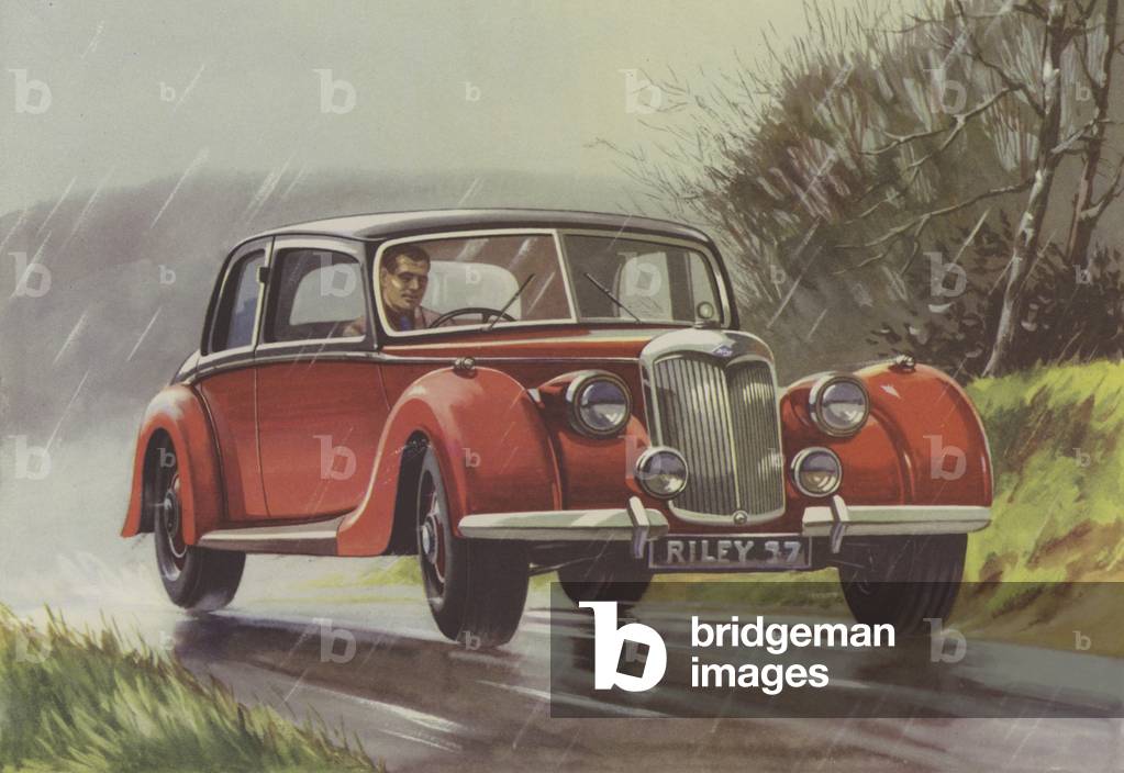 Riley saloon in the rain (colour litho)
