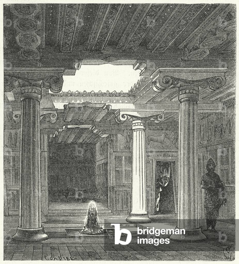 Ionic courtyard of an Ancient Greek house (engraving)