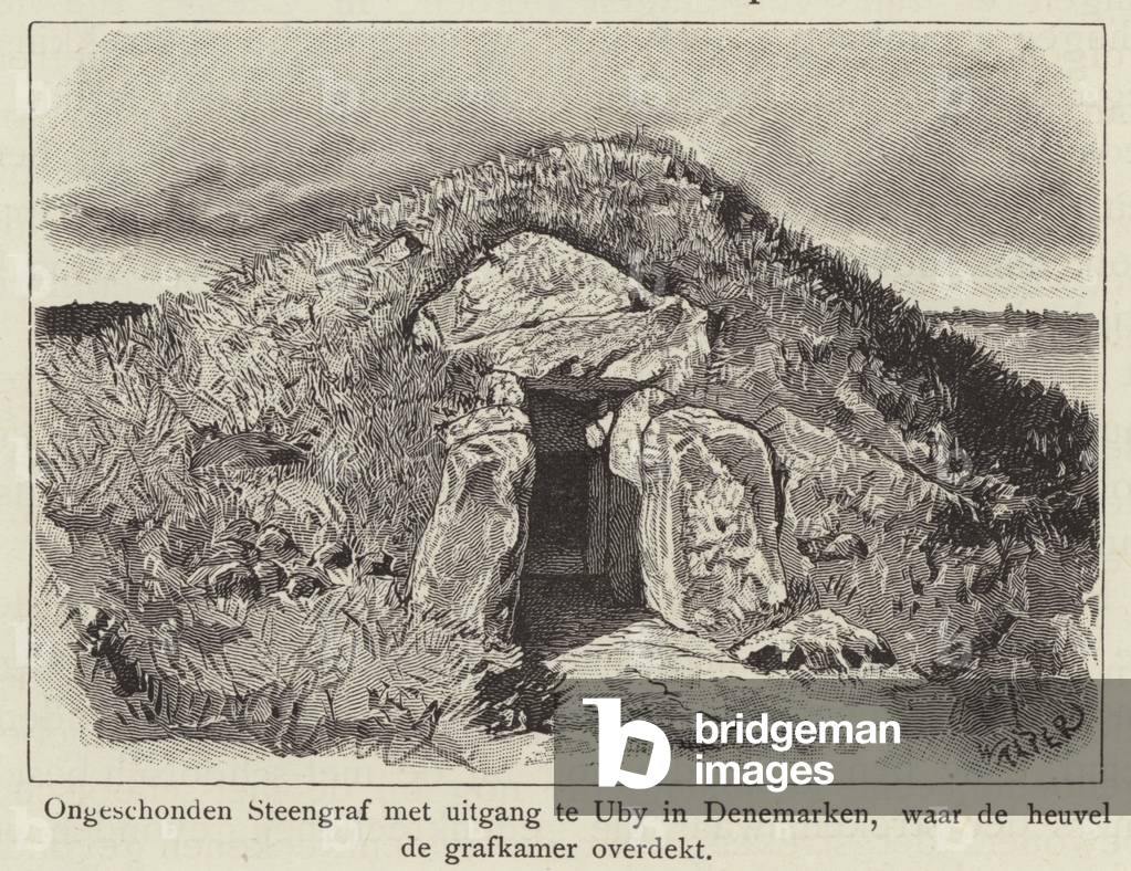 Burial mound covering an intact stone tomb, Uby, Denmark (engraving)
