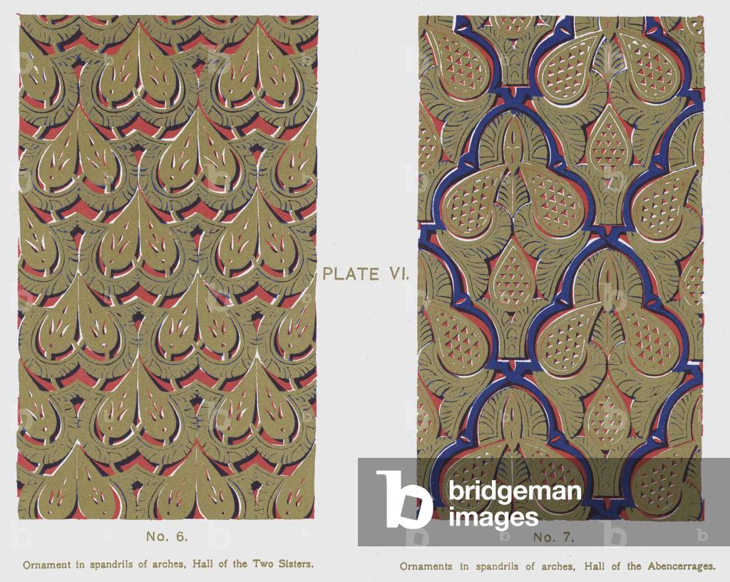 Ornament in spandrils of arches, Hall of the Two Sisters, Ornaments in spandrils of arches, Hall of the Abencerrages (colour litho)