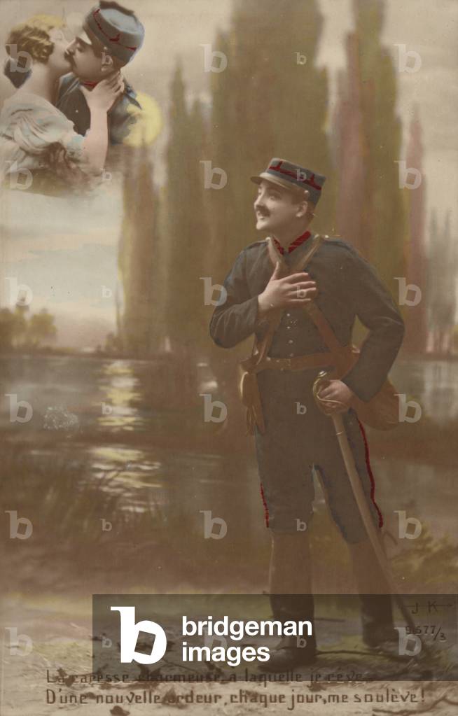 A soldier imagines he and his love kissing (tinted photo)