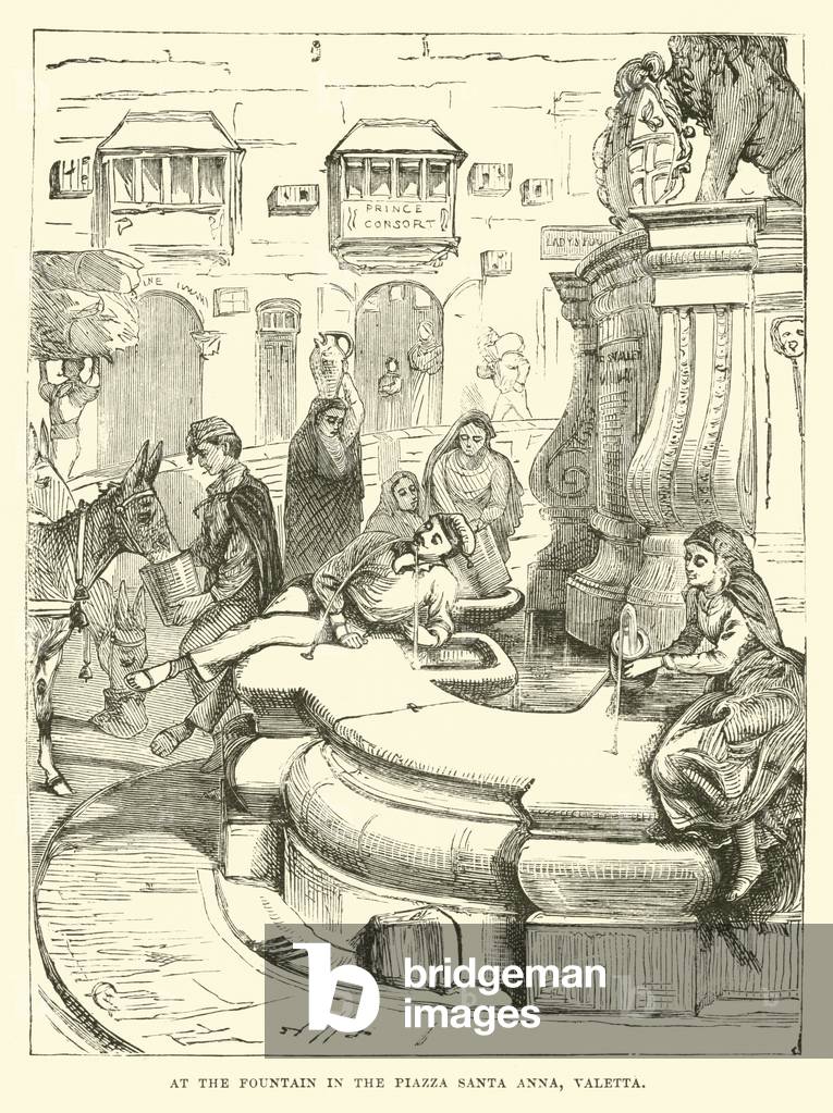 At the fountain in the Piazza Santa Anna, Valetta (engraving)