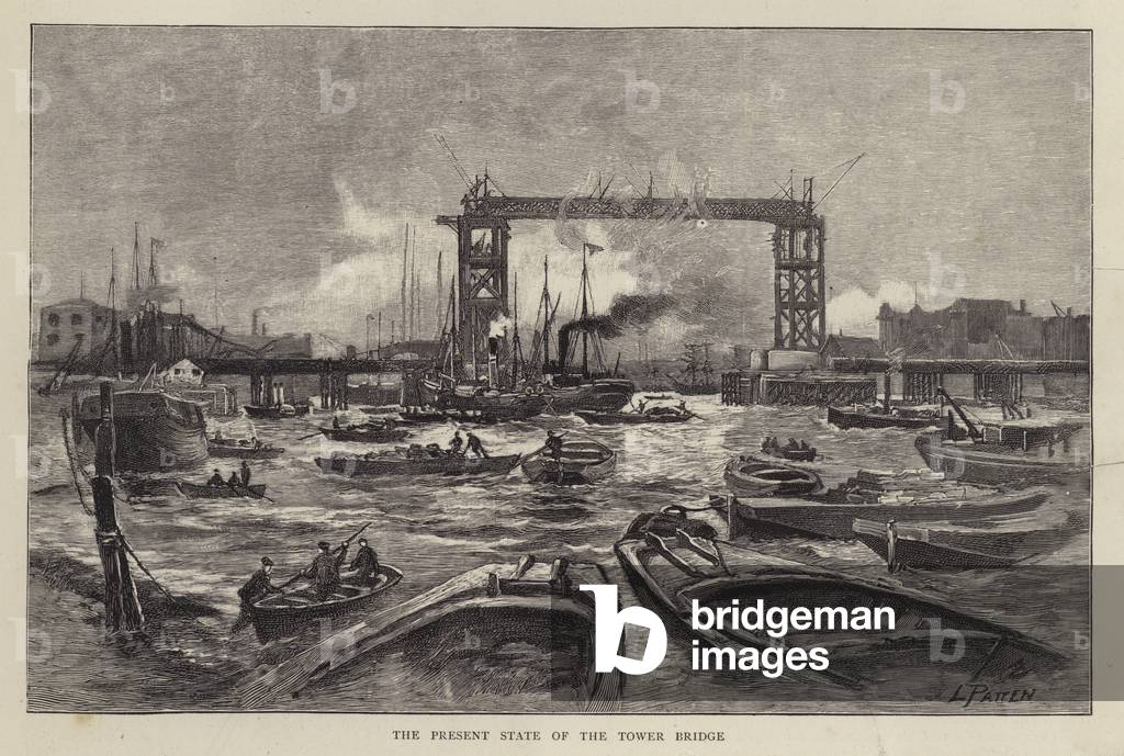 Tower Bridge under construction, London, 1892 (litho)