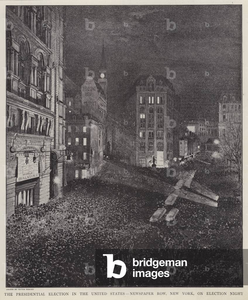 Newspaper Row, New York City, on the night of the US presidential election, 8 November 1892 (litho)