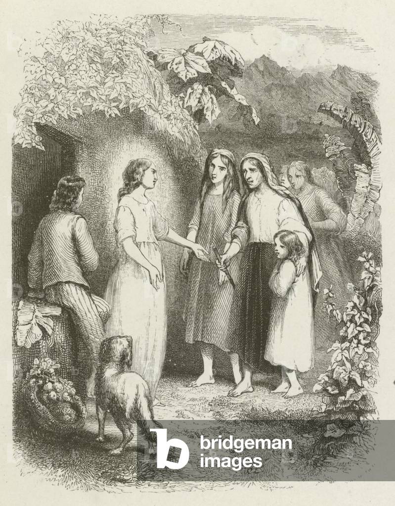 Virginia receiving her indigent neighbours (engraving)