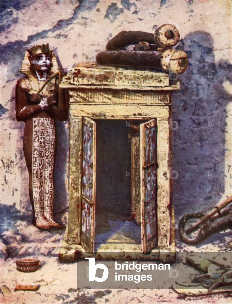 Golden Shrine in the Ante-Chamber of Egypt's Wonder tomb (colour litho)