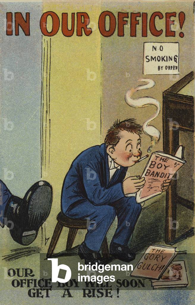 Office boy about to get a rise (colour litho)