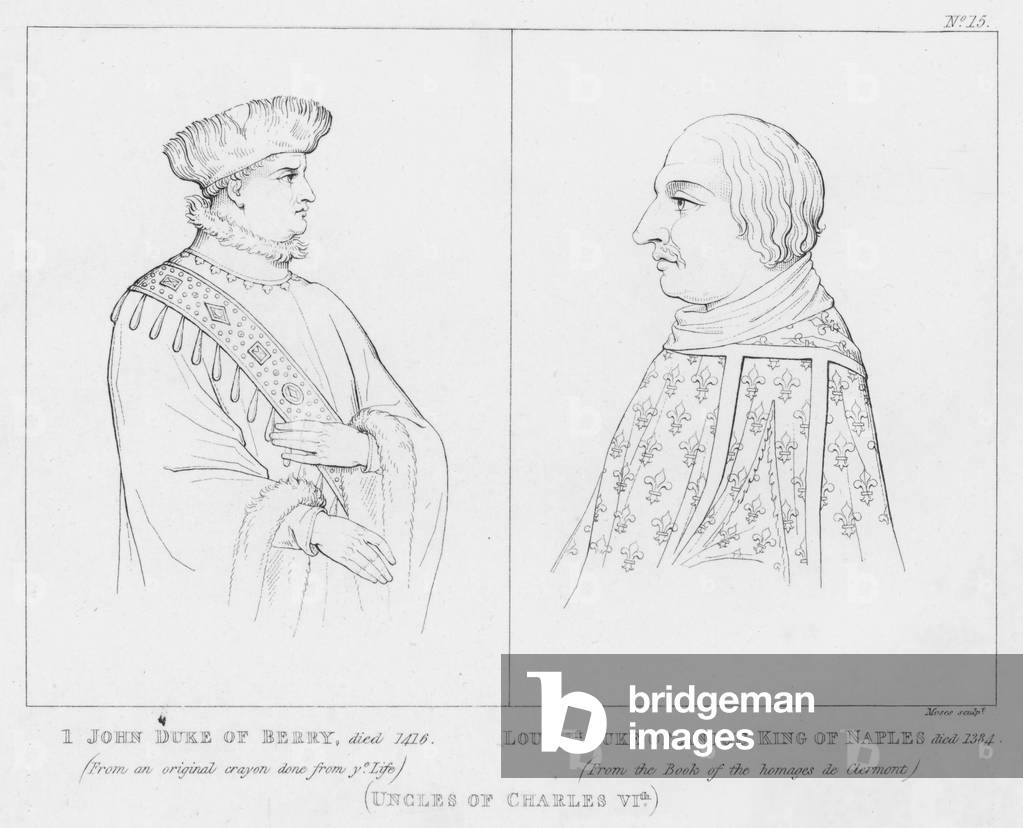 John Duke of Berry, Louis 1st Duke of Anjou, King of Naples, Uncles of Charles VIth (engraving)