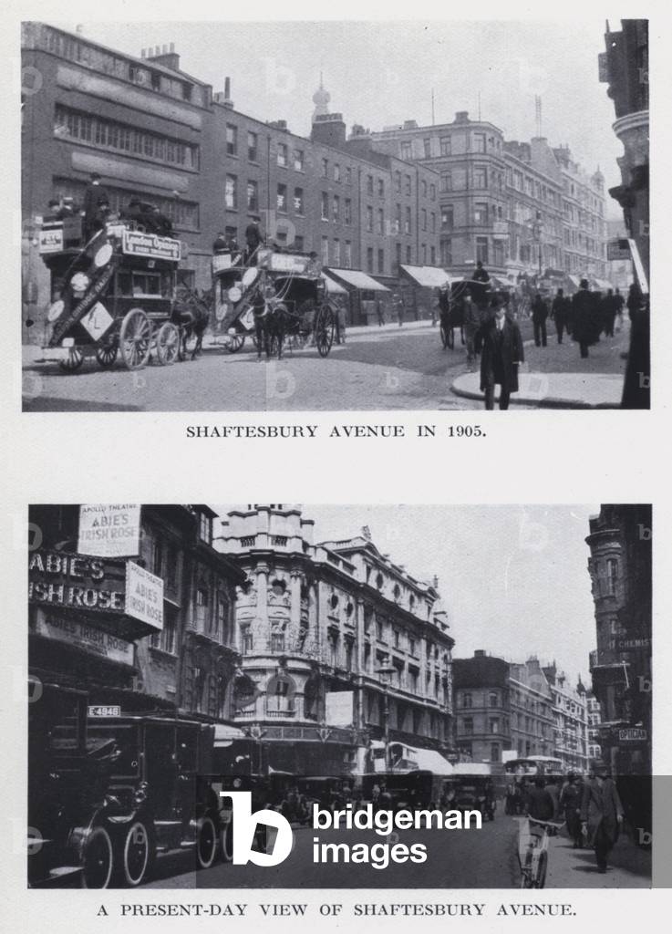 Shaftesbury Avenue in 1905; A present-day view of Shaftesbury Avenue (b/w photo)