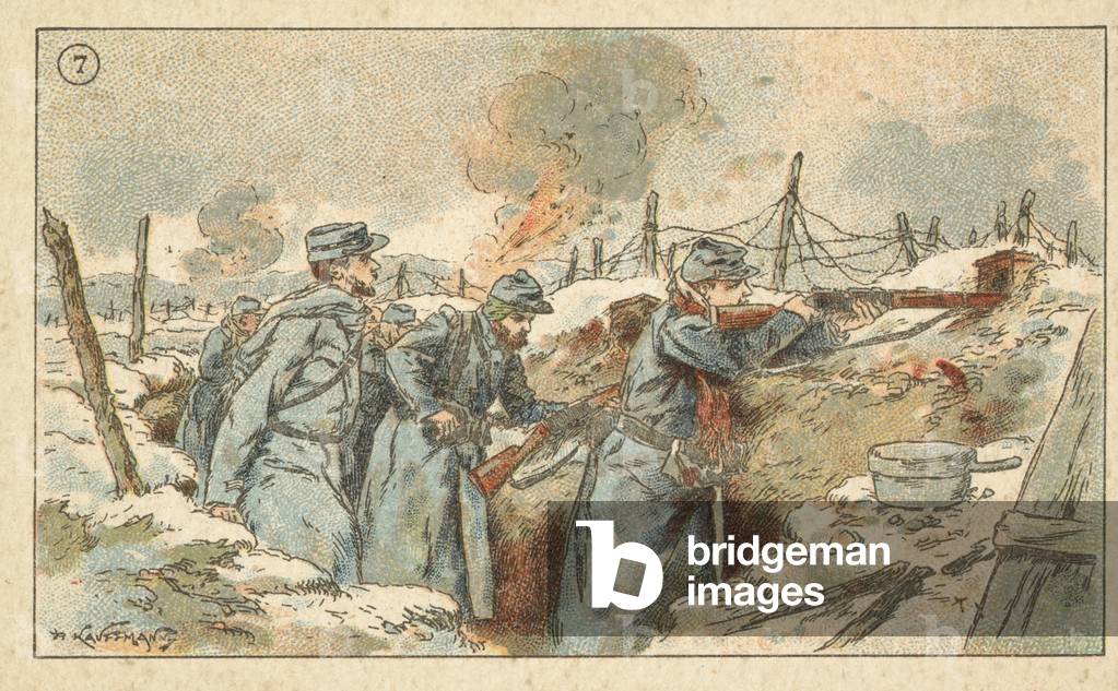 French soldiers in a trench, First World War (chromolitho)