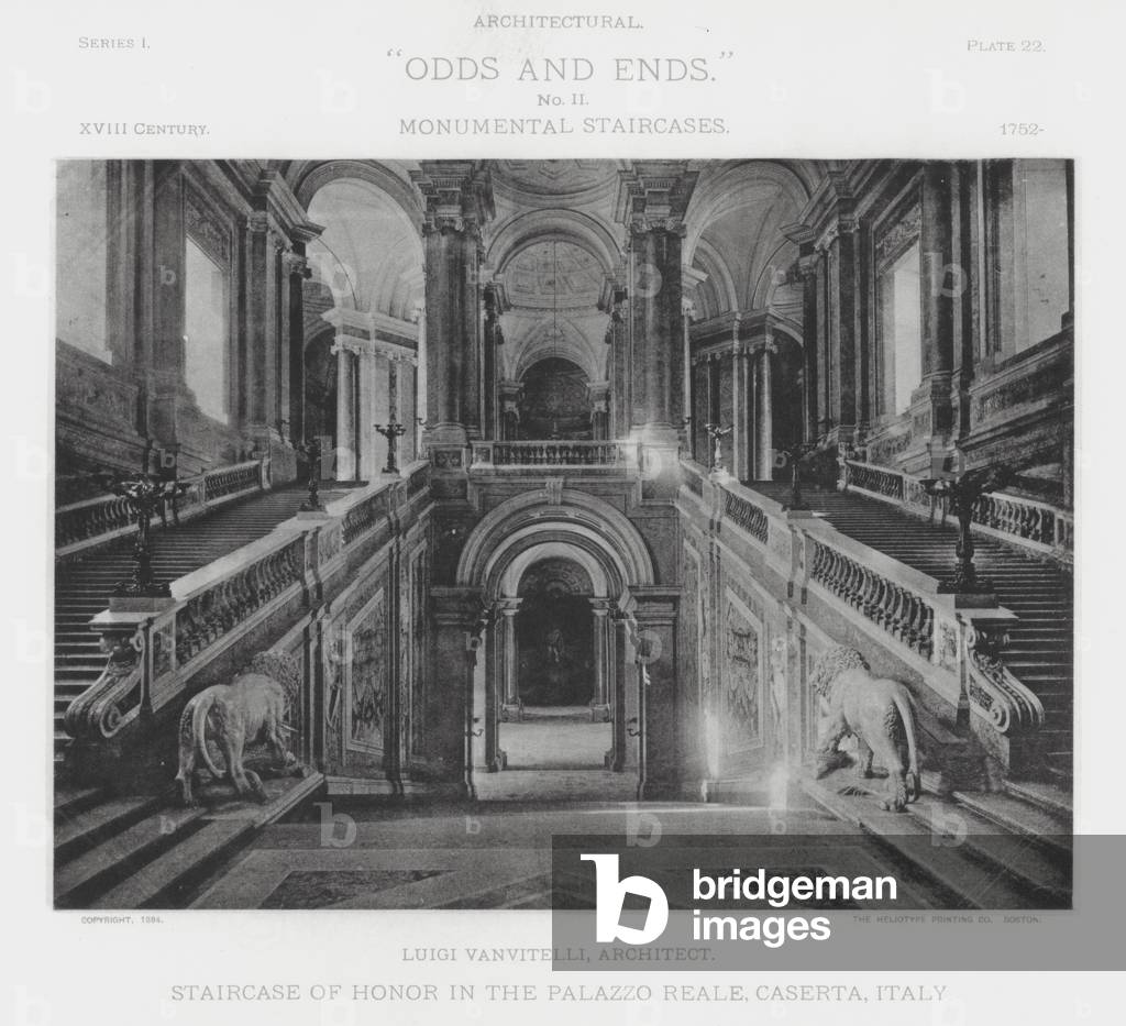 Staircase of Honor in the Palazzo Reale, Caserta, Italy (b/w photo)