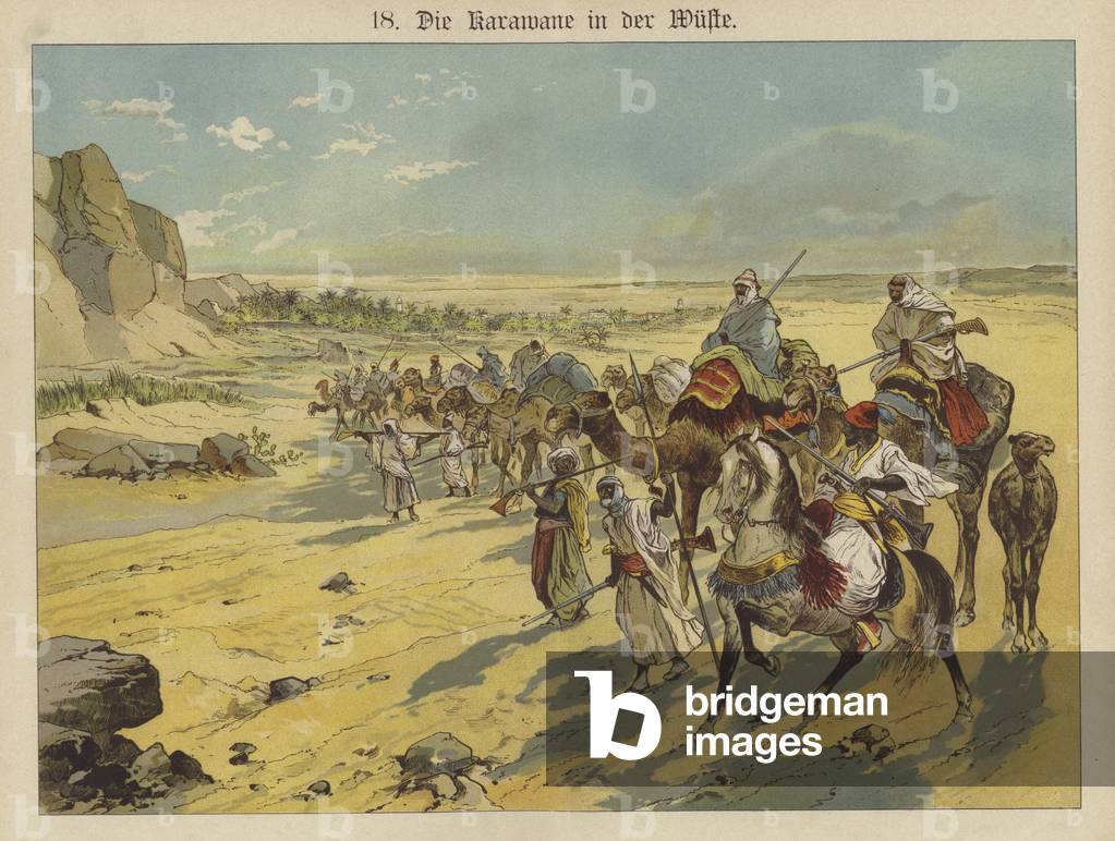 Caravan in the Arabian desert (colour litho)