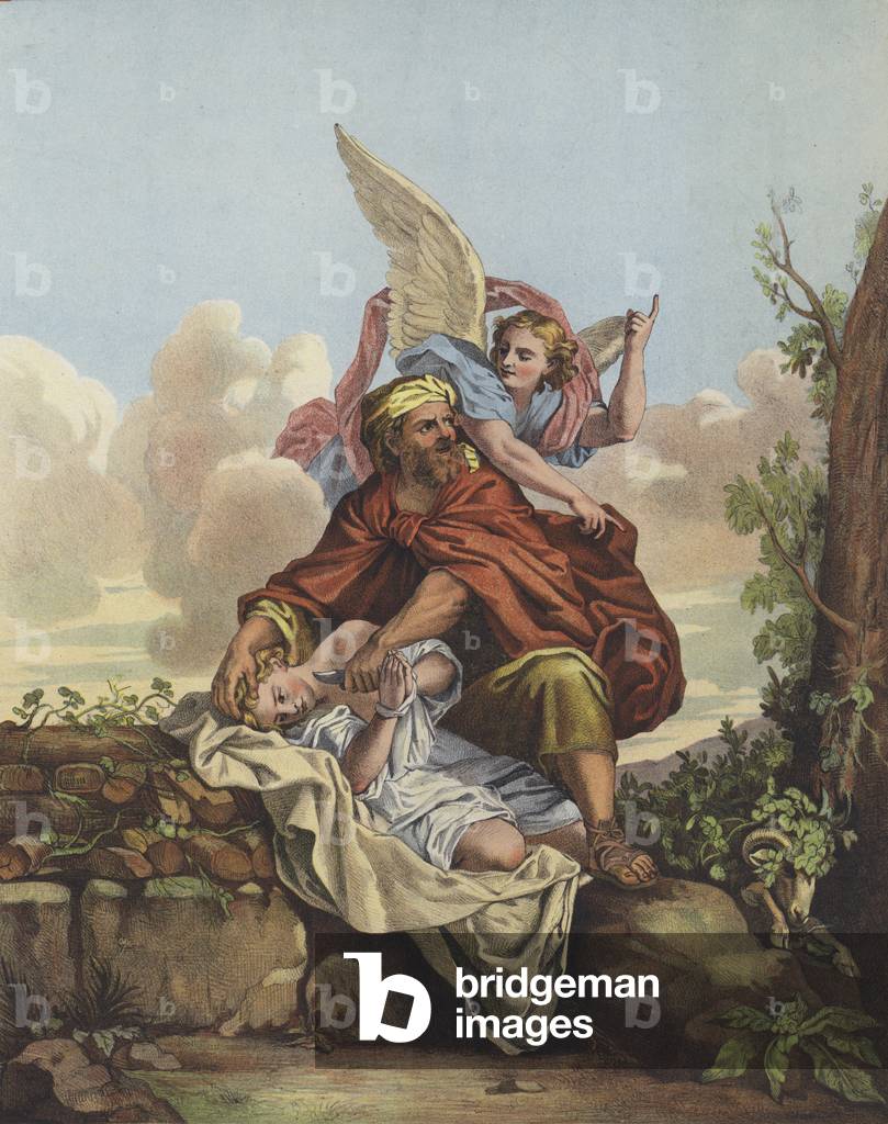 The Angel intervening to stop Abraham sacrificing his son Isaac (colour litho)