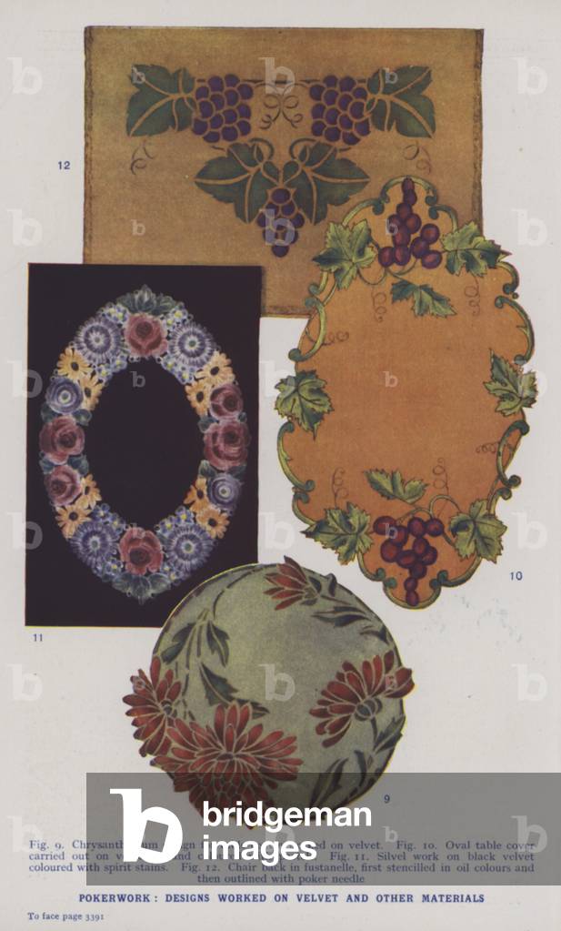 Pokerwork, designs worked on velvet and other materials (colour photo)