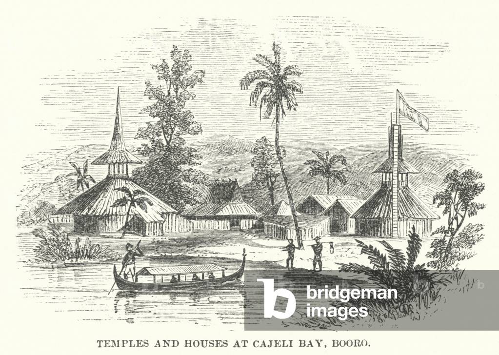 Temples and Houses at Cajeli Bay, Booro (engraving)