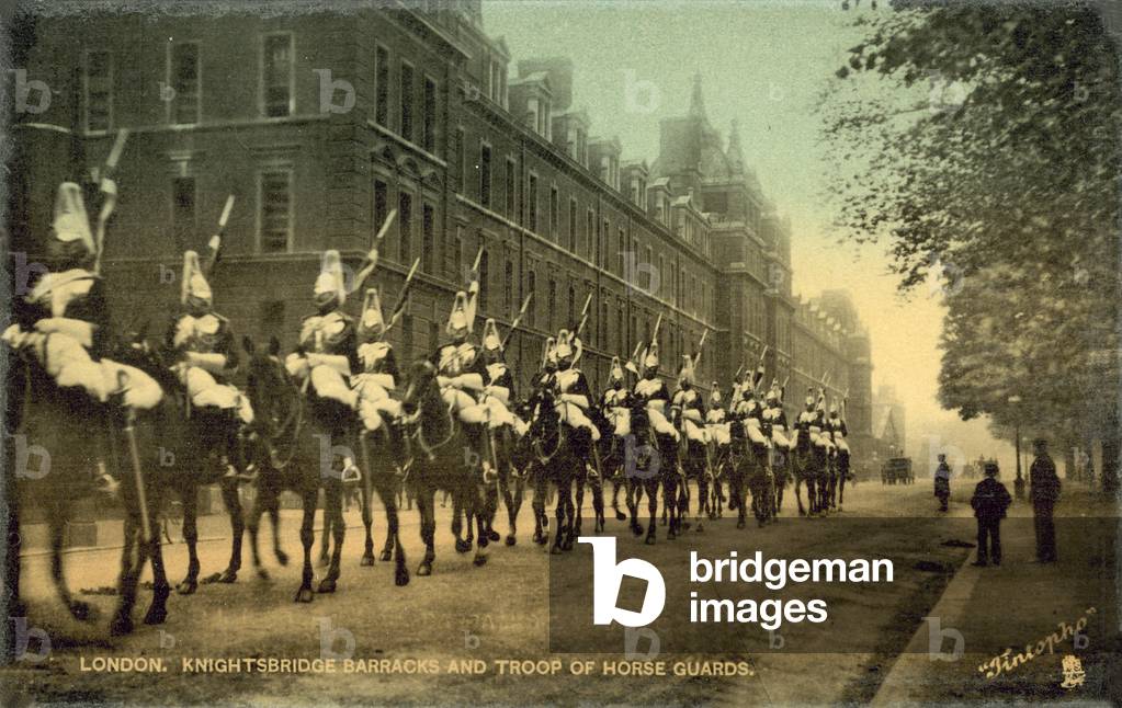 Troop of Horseguards, Knightsbridge Barracks, London (b/w photo)