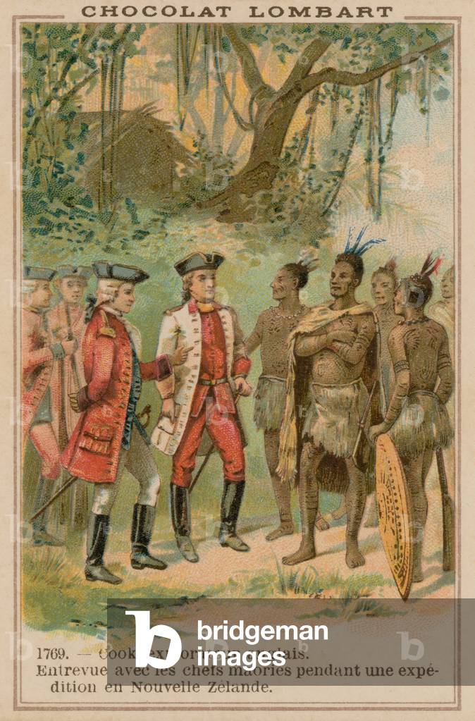 Captain James Cook meeting with Maori chiefs in New Zealand, 1769 (chromolitho)