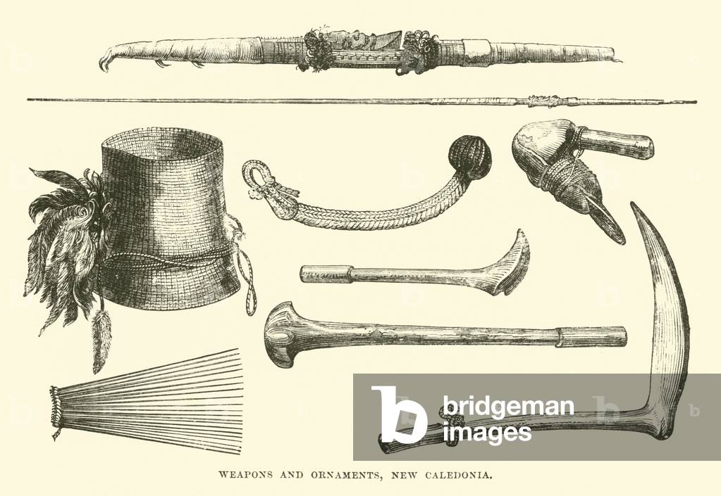 Weapons and ornaments, New Caledonia (engraving)