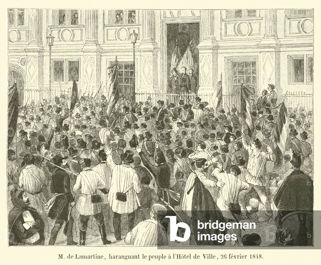 M de Lamartine, haranguant le peuple a l'Hotel de Ville, 26 fevrier 1848 (engraving)