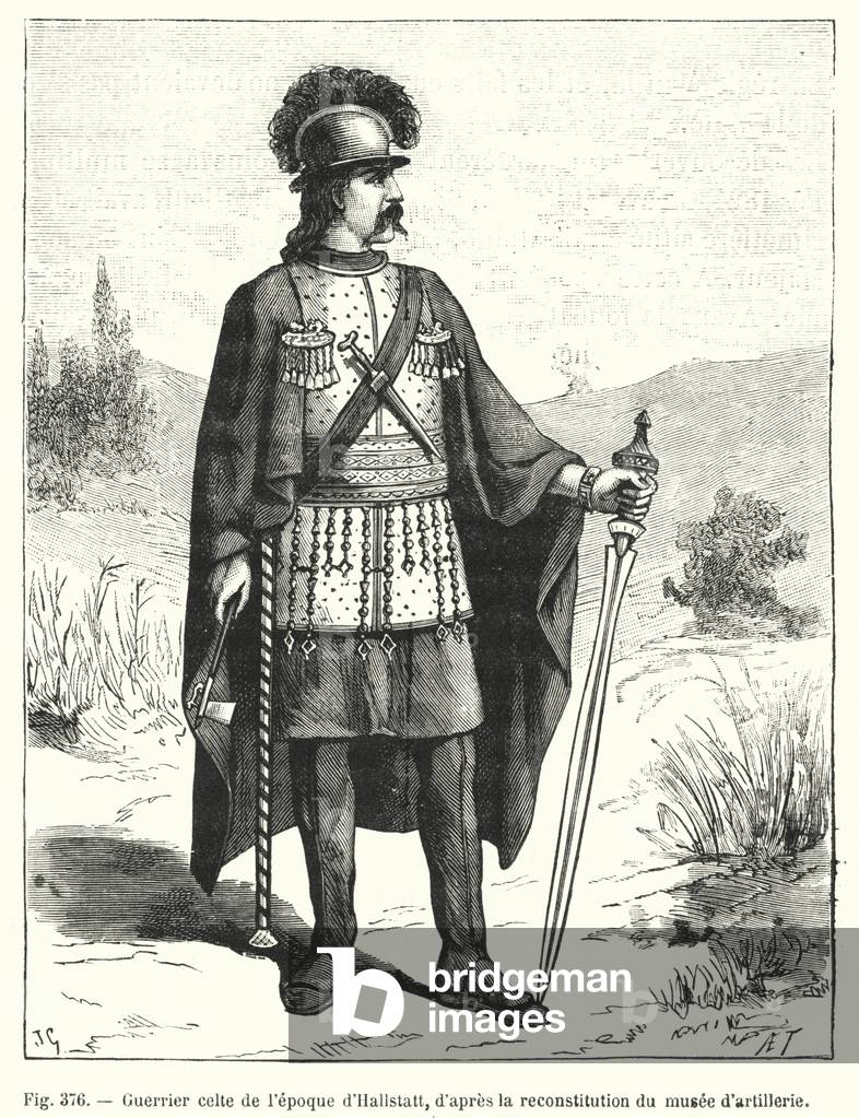 Guerrier celte de l'epoque d'Hallstatt, d'apres la reconstitution du musee d'artillerie (engraving)