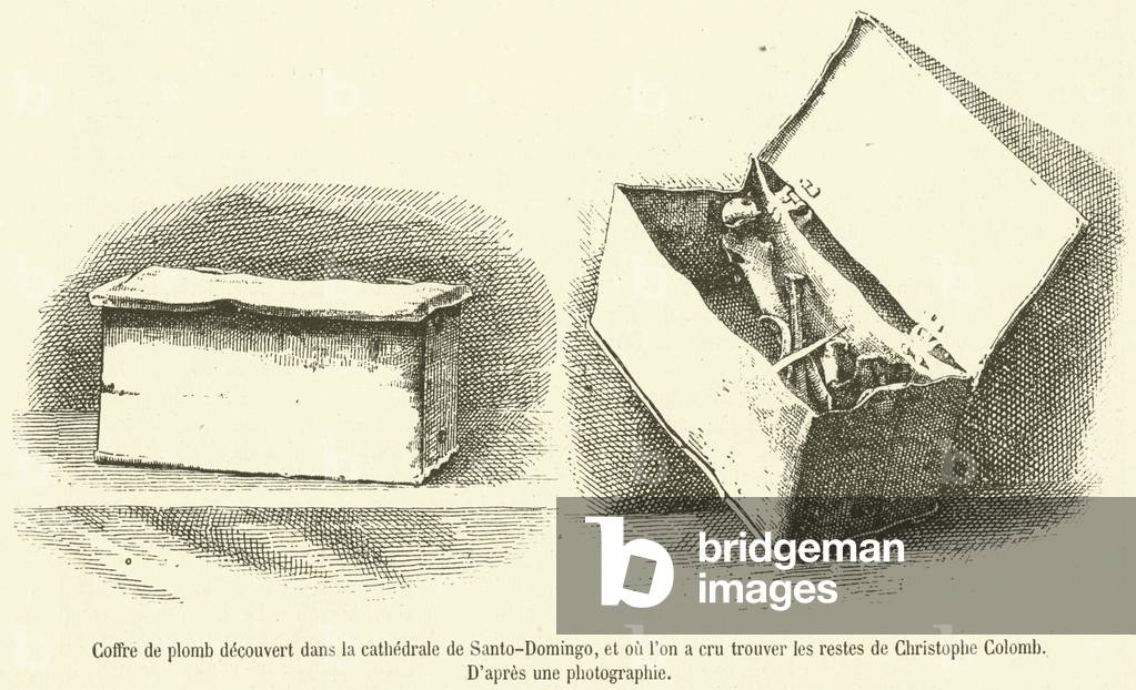 Coffre de plomb decouvert dans la cathedrale de Santo-Domingo, et ou l'on a cru trouver les restes de Christophe Colomb (engraving)