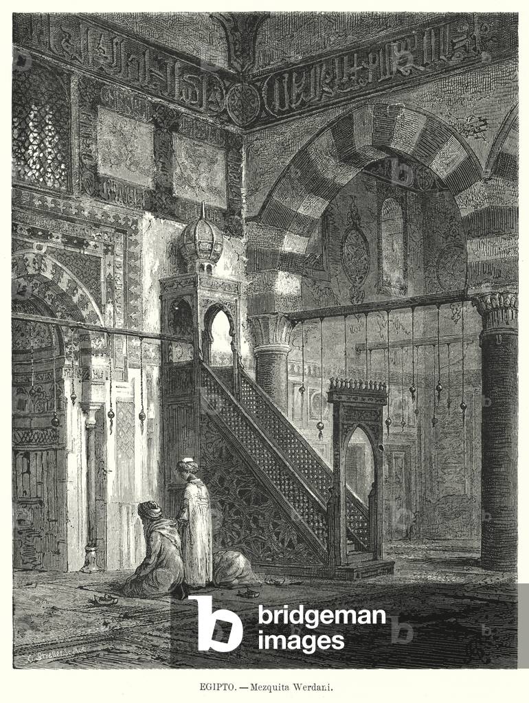 Interior of the Mosque of Amir Altinbugha al-Maridani, Cairo, Egypt (litho)