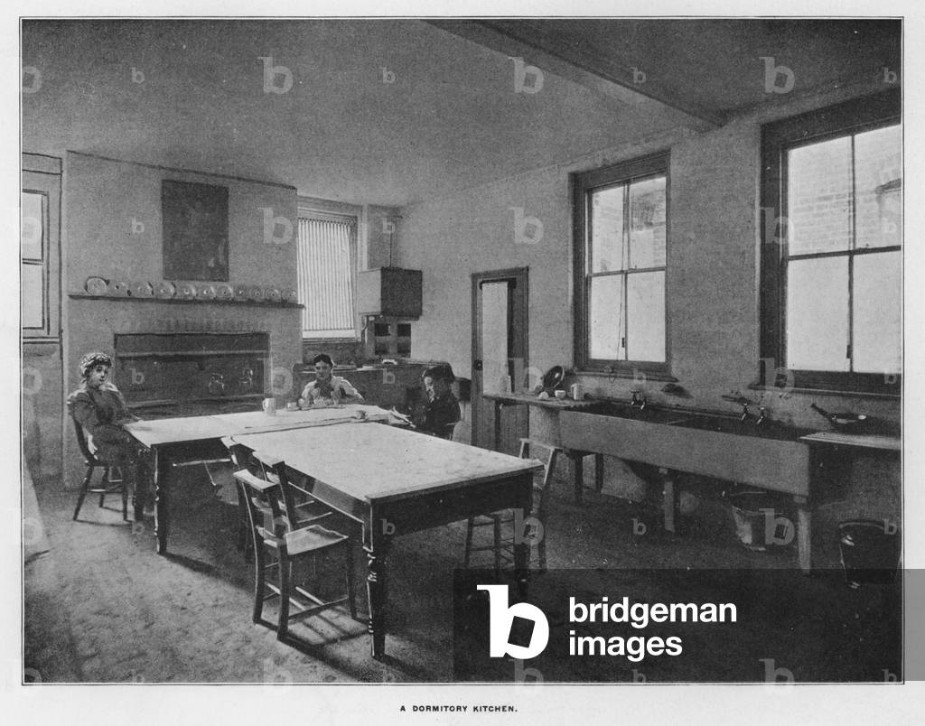 Whiteley's Farms: A dormitory kitchen (b/w photo)