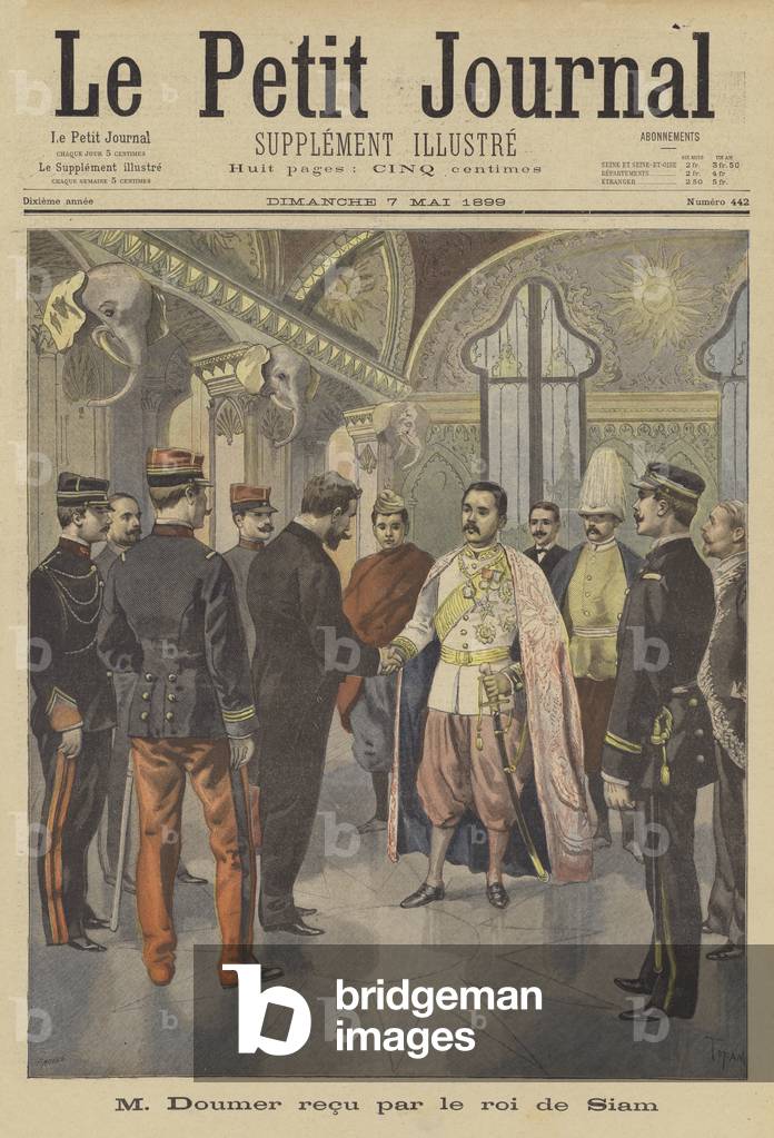 Reception of Paul Doumer, Governor-General of French Indochina, by the King of Siam (colour litho)