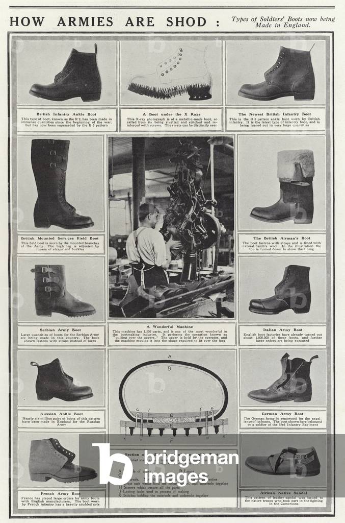 Types of soldier's boots now being made in England (b/w photo)