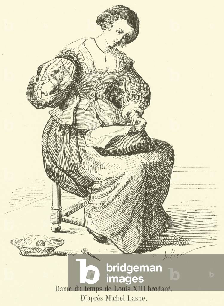 Dame du temps de Louis XIII brodant (engraving)