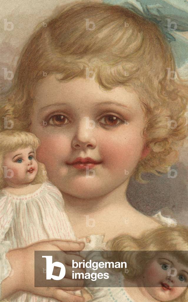 Girl with dolls (colour litho)