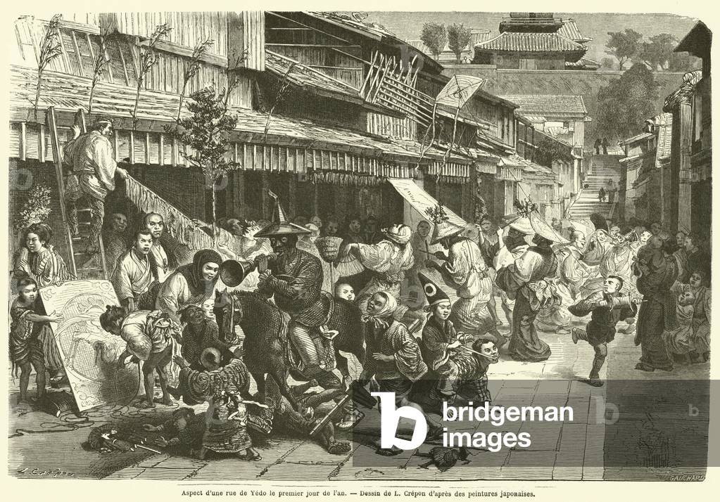 Aspect d'une rue de Yedo le premier jour de l'an (engraving)