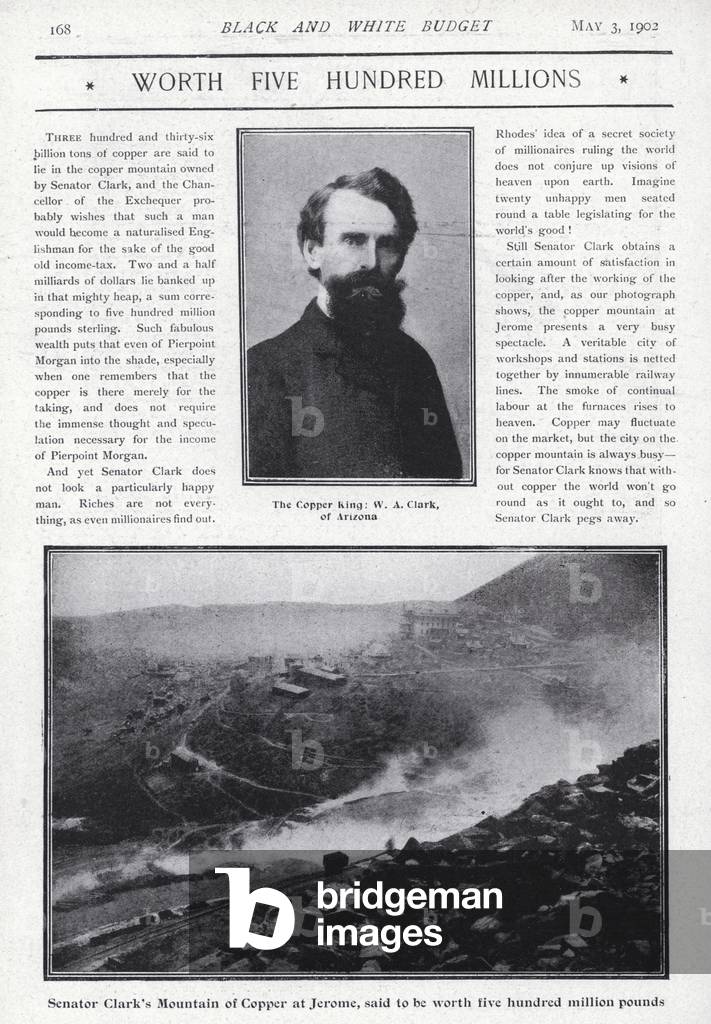 William A Clark, American politican and enterpreneur, and his copper mine at Jerome, Arizona, USA (b/w photo)