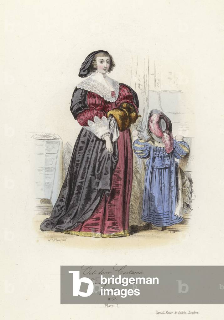 Outdoor costume of the time of Louis XIII of France (coloured engraving)