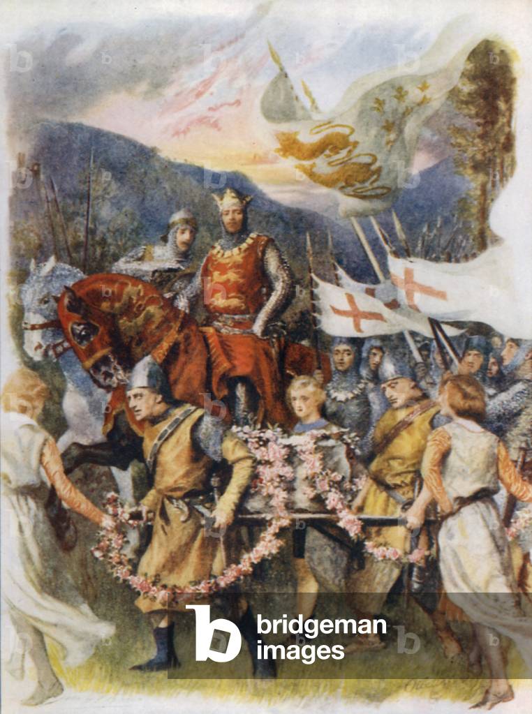 Bringing the coronation stone from Scone (colour litho)