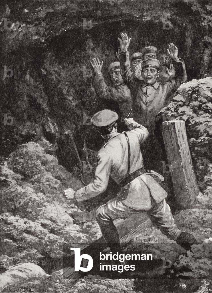 Lieutenant Morland making prisoners of eighteen Germans in a mine at Givenchy, France, May 1915 (litho)