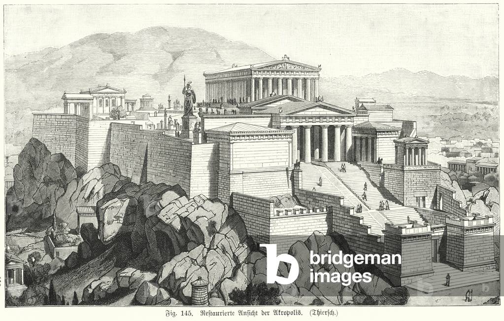 Reconstruction showing the Acropolis, Athens, during the time of the Ancient Greeks (engraving)