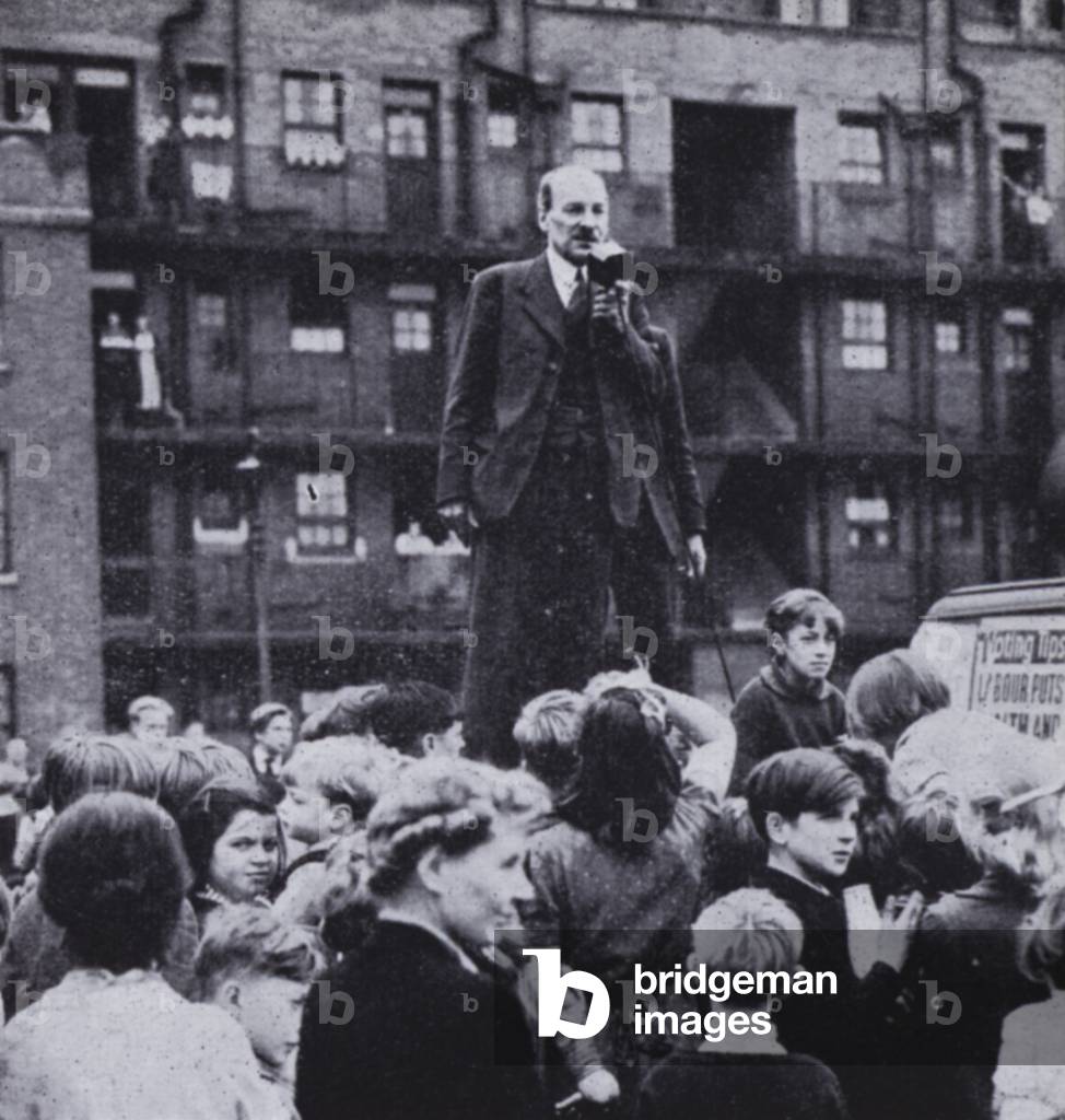 British Labour Party leader Clement Attlee campaigning on his way to victory in the 1945 UK General Election (b/w photo)
